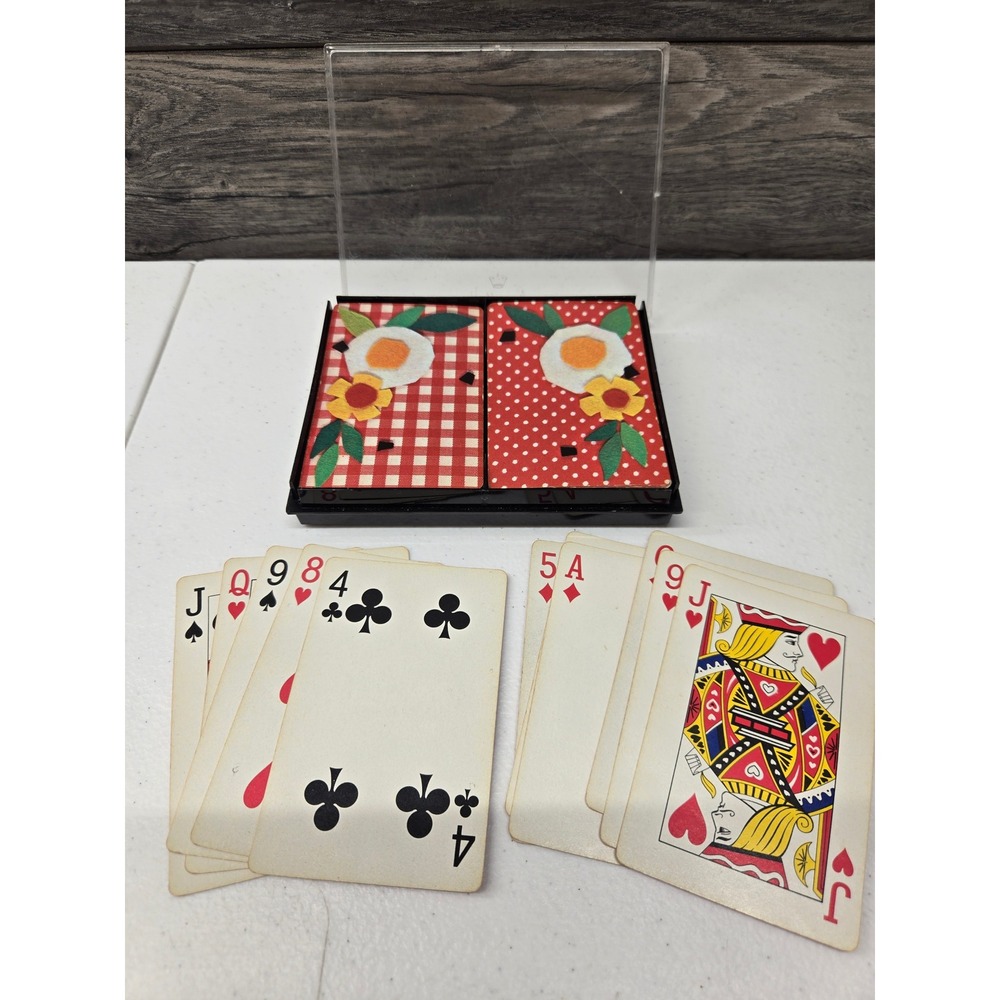 Vintage Congress Playing Cards 2 Decks Red Gingham Polka Dot Egg Flower Case